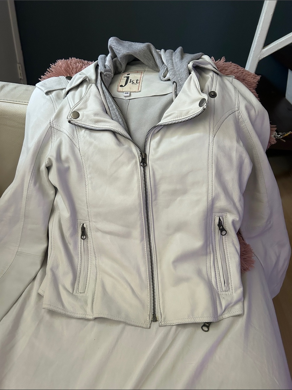 Light Gray Women's Leather Moto Jacket with Hoodie Layer